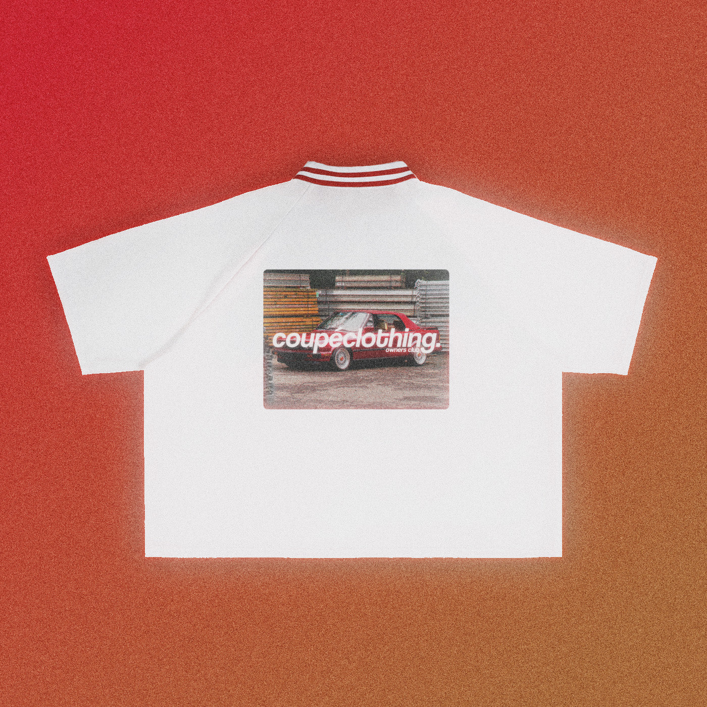 Back of the white 'Owners Club Varsity' jersey, which features a contrast red collar. The design features the 'Owners Club' logo above a red car design.