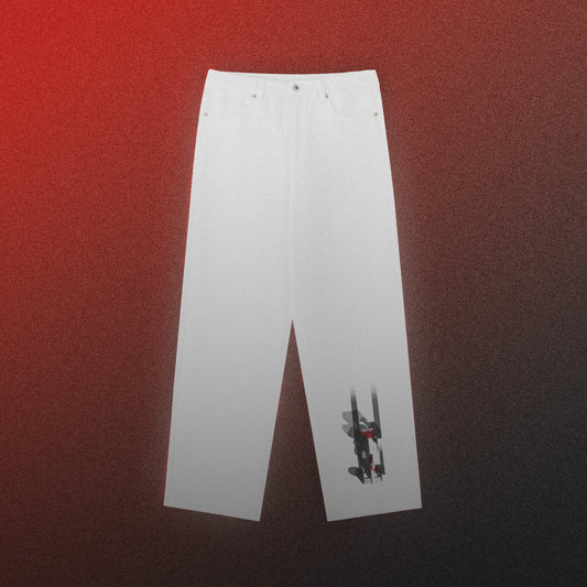 Front of the white 'Owners Club' cotton trousers, which feature a small design of a racing car on the base of the left leg.